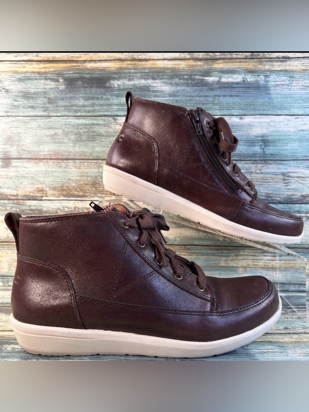 Vionic Shawna Ankle Bootie Womens 6.5 Brown Leather Lace Up Zip Comfort Orthotic